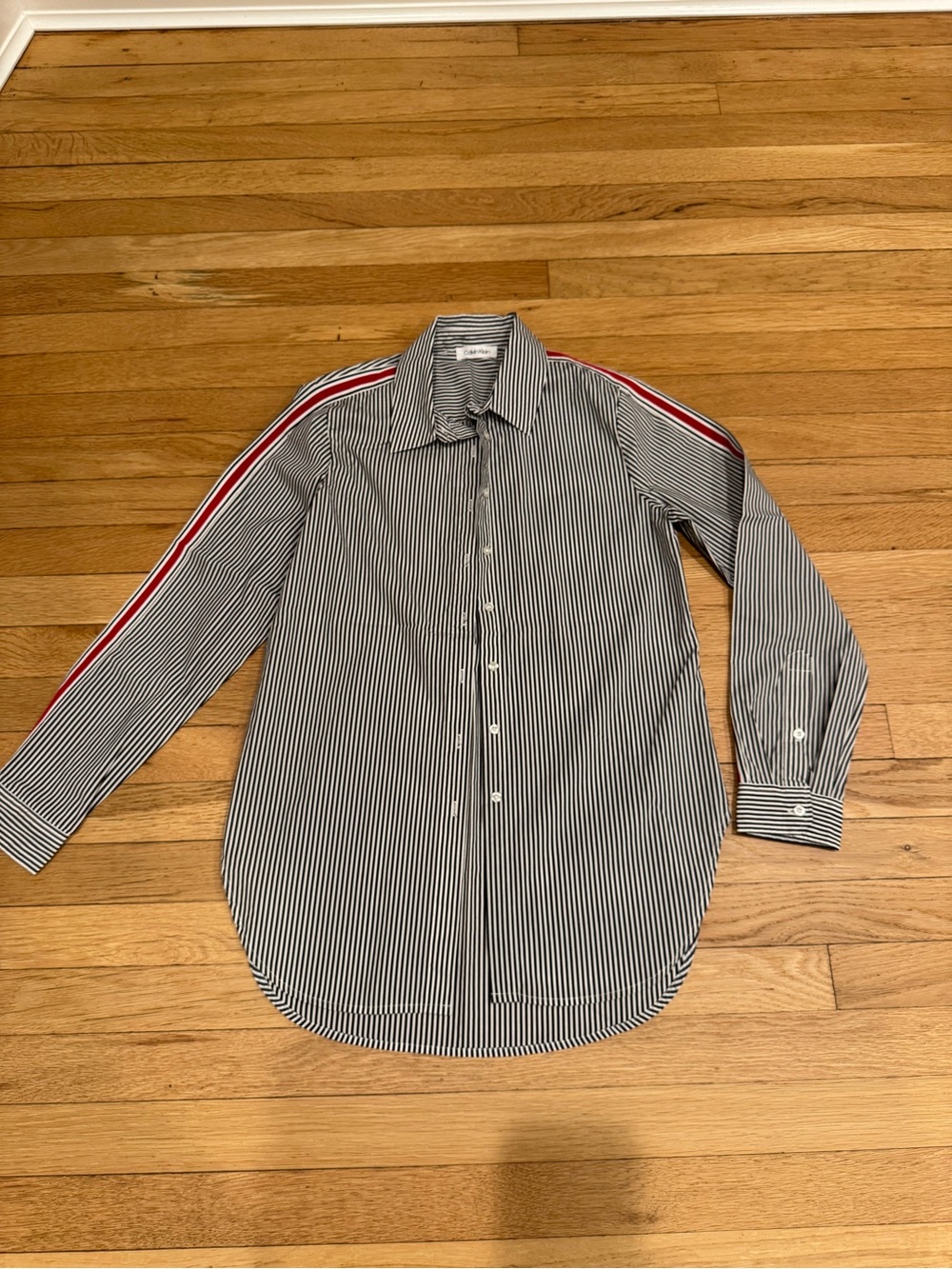 Calvin Klein Black & White Pinstripe Shirt with Red Shoulder Stripe